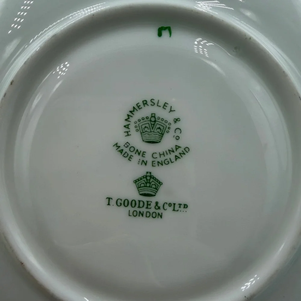 Rare Hammersley T Goode London Bone China Demitasse Cup Saucer Green Gold Bird